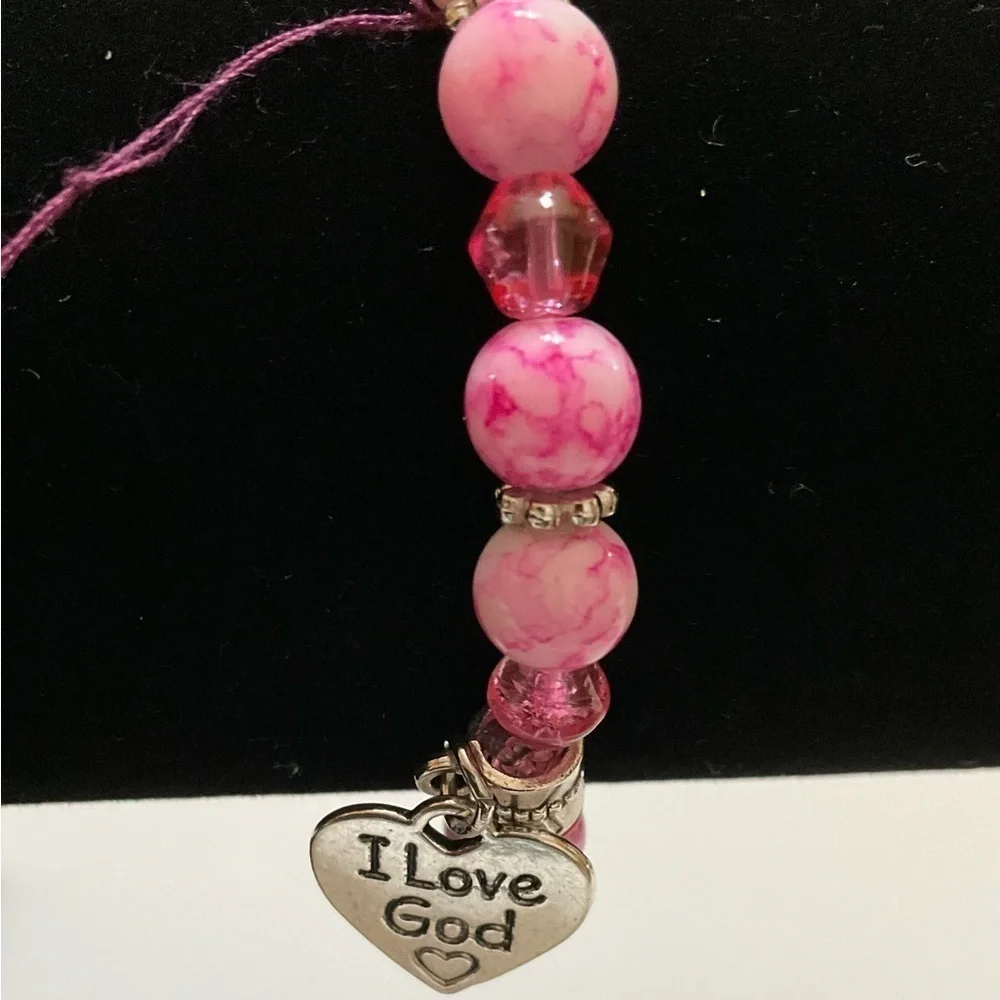 Hand Crafted Stretch Bracelet Pink Beads Silver I Love God Charm